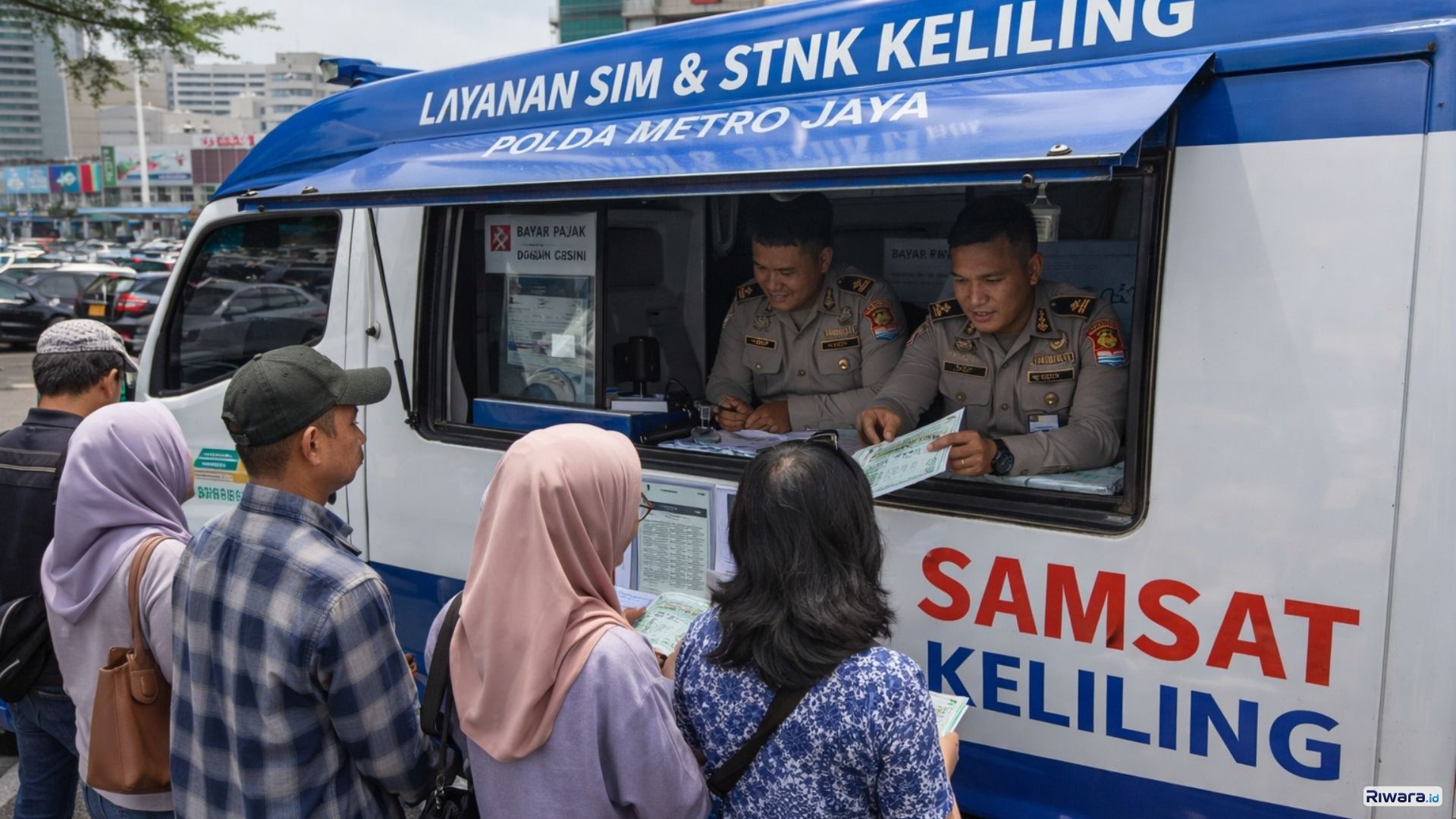 Ilustrasi Petugas melayani warga yang membayar pajak kendaraan bermotor melalui layanan Samsat Keliling di wilayah Jakarta, Depok, Tangerang, dan Bekasi.